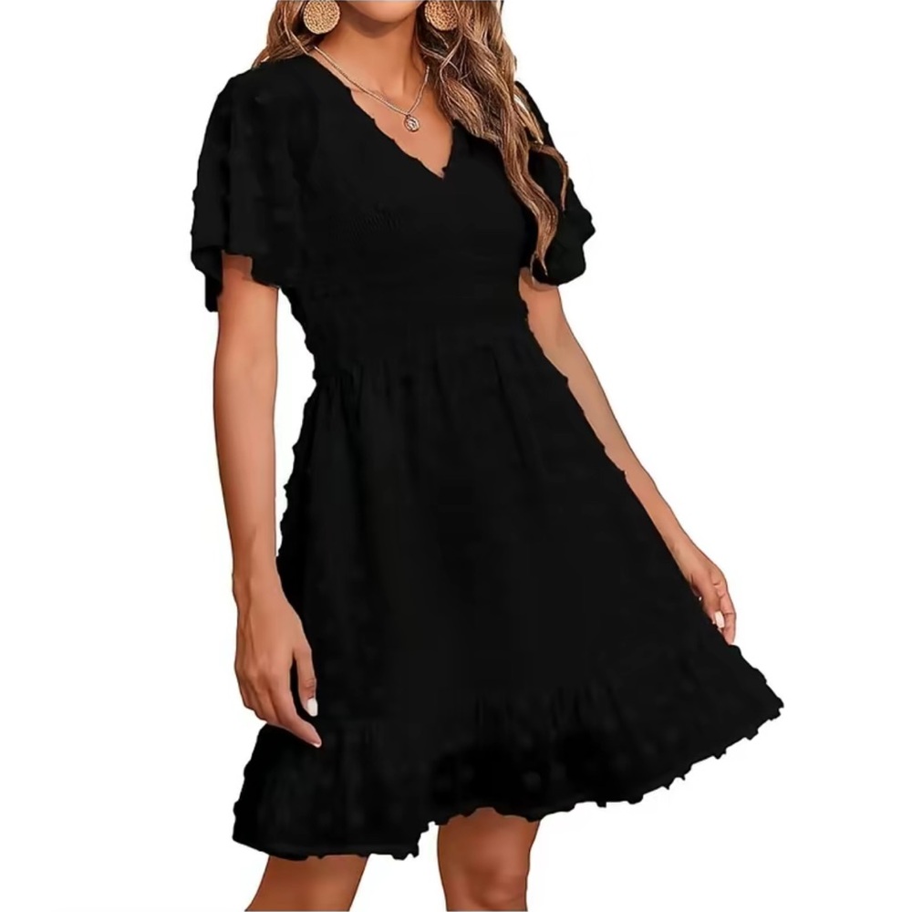 Black V-Neck Ruffle Sleeve Dress